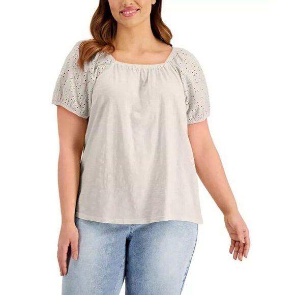 Style & Co Plus Size Cotton On Off Shoulder Top, Coconut Cream, 2X - Picture 1 of 9